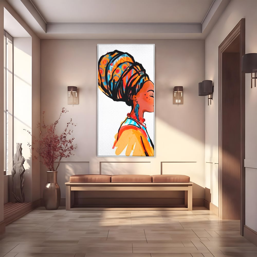 Tablou canvas cu ilustratie digitala cu profil de femeie, in rama de aluminiu argintiu